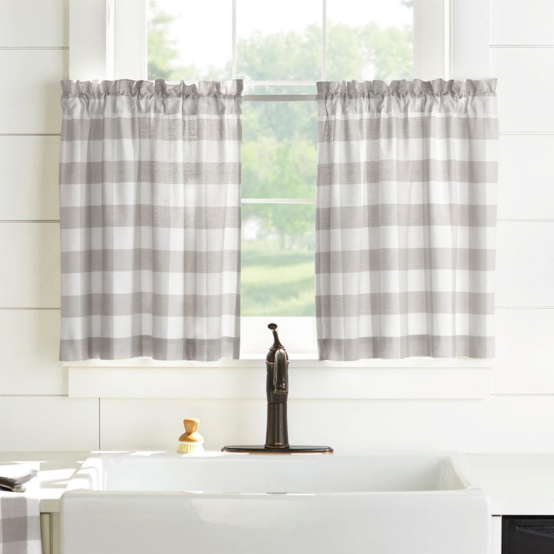 Elrene Home Fashions Farmhouse Living Buffalo-Check Tier Curtain Set for Bathroom or Kitchen Curtains, 30" x 24"(Set of 2 Tiers), Gray/White - Image 1